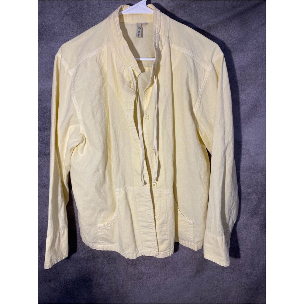 Focus Womens M Yellow Linen Blend Jacket Lagenlook Shirt Pockets Drawstring